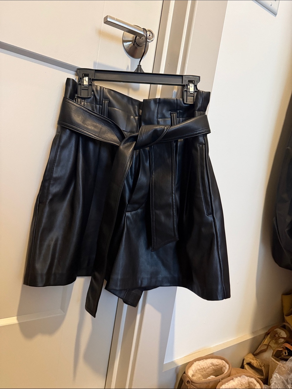 Zara Black High-Waist Faux Leather Paperbag Shorts